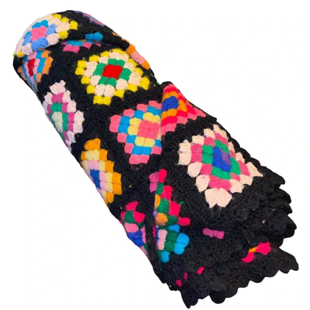 Vintage Handmade Crochet Granny Square Blanket Black Multi Bobble Stitch 60x49‎